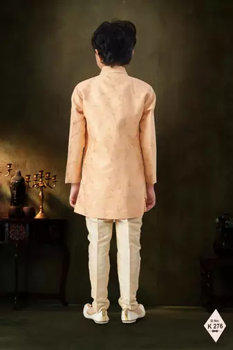 Peach  dupion silk embroidered indo western set for boys