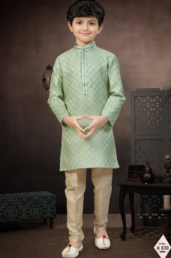 Green banarasi jacquard woven kurta pajama for boys