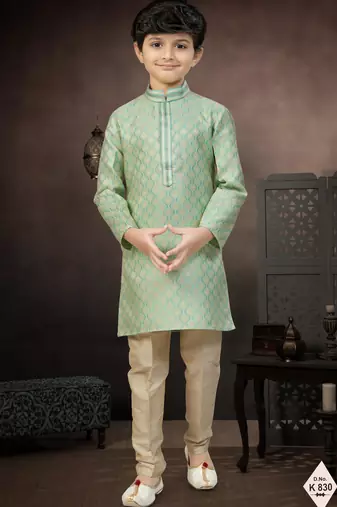 Green banarasi jacquard woven kurta pajama for boys