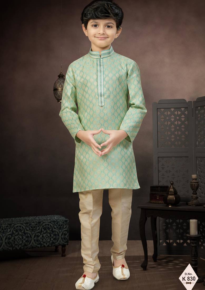 Green banarasi jacquard woven kurta pajama for boys