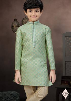 Green banarasi jacquard woven kurta pajama for boys 2