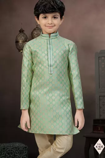 Green banarasi jacquard woven kurta pajama for boys