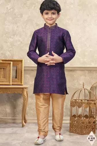 Wine banarasi jacquard woven kurta pajama for boys