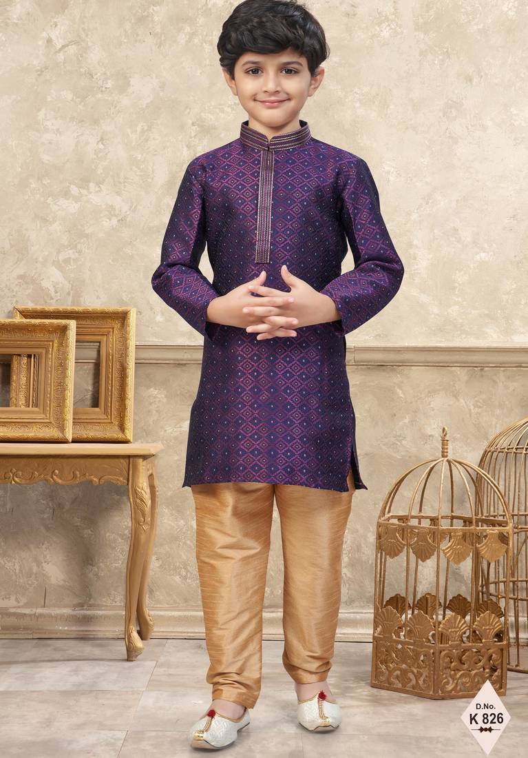 Wine banarasi jacquard woven kurta pajama for boys