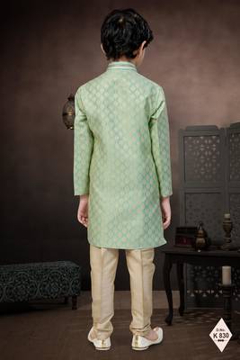 Green banarasi jacquard woven kurta pajama for boys 3