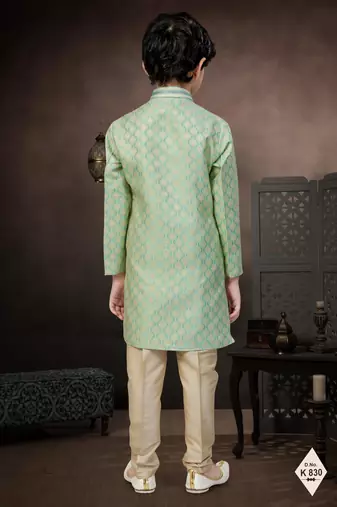 Green banarasi jacquard woven kurta pajama for boys