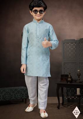 Blue banarasi jacquard woven kurta pajama for boys 1