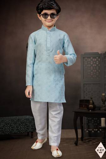 Blue banarasi jacquard woven kurta pajama for boys