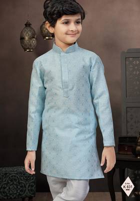Blue banarasi jacquard woven kurta pajama for boys 2