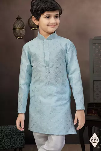 Blue banarasi jacquard woven kurta pajama for boys