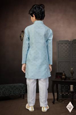 Blue banarasi jacquard woven kurta pajama for boys 3