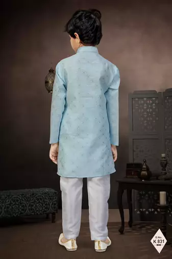 Blue banarasi jacquard woven kurta pajama for boys
