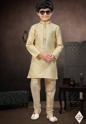 Gold banarasi jacquard woven kurta pajama for boys 1