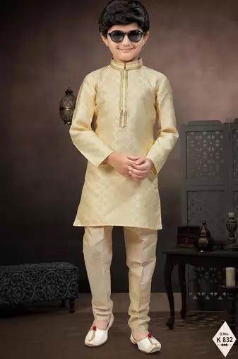 Gold banarasi jacquard woven kurta pajama for boys