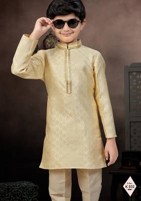 Gold banarasi jacquard woven kurta pajama for boys 2