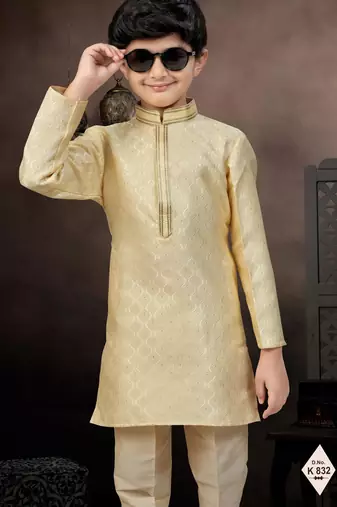 Gold banarasi jacquard woven kurta pajama for boys
