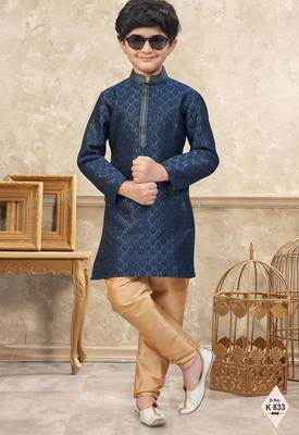 Blue banarasi jacquard woven kurta pajama for boys 1