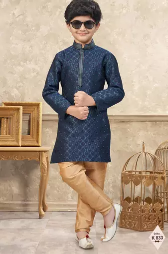 Blue banarasi jacquard woven kurta pajama for boys