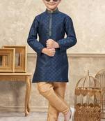 Blue banarasi jacquard woven kurta pajama for boys