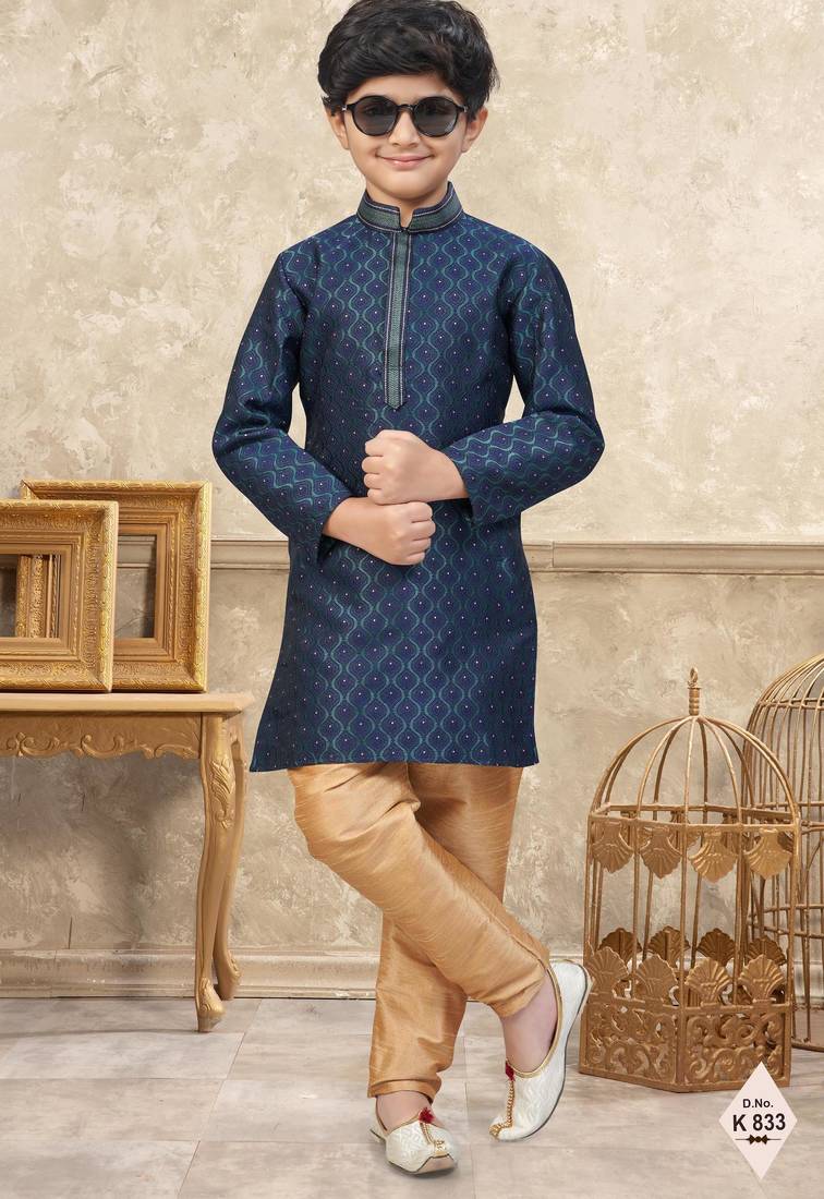 Blue banarasi jacquard woven kurta pajama for boys