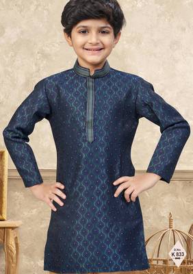Blue banarasi jacquard woven kurta pajama for boys 2