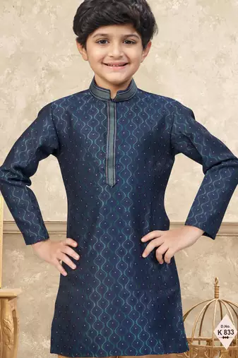 Blue banarasi jacquard woven kurta pajama for boys