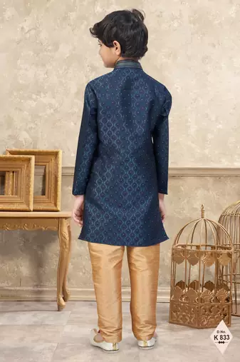 Blue banarasi jacquard woven kurta pajama for boys