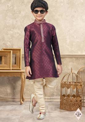 Maroon banarasi jacquard woven kurta pajama for boys 1