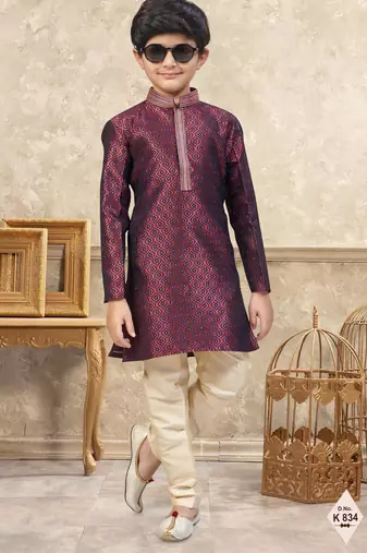 Maroon banarasi jacquard woven kurta pajama for boys