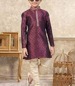 Maroon banarasi jacquard woven kurta pajama for boys