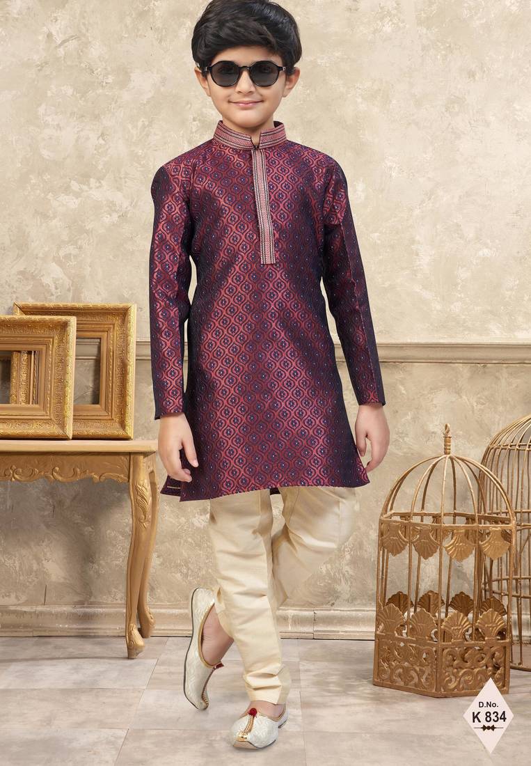 Maroon banarasi jacquard woven kurta pajama for boys