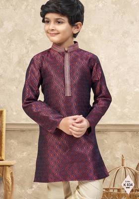 Maroon banarasi jacquard woven kurta pajama for boys 2
