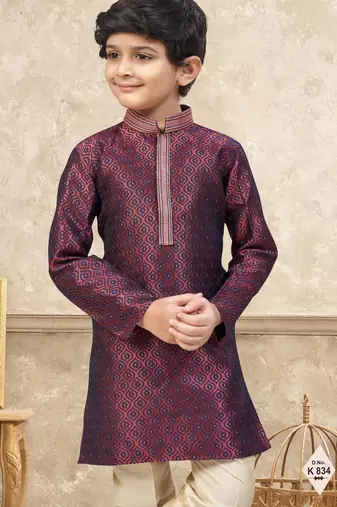 Maroon banarasi jacquard woven kurta pajama for boys