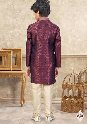 Maroon banarasi jacquard woven kurta pajama for boys 3