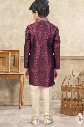 Maroon banarasi jacquard woven kurta pajama for boys