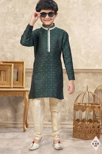 Green banarasi jacquard woven kurta pajama for boys