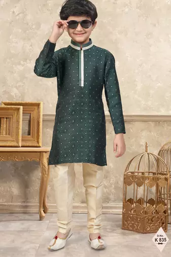Green banarasi jacquard woven kurta pajama for boys
