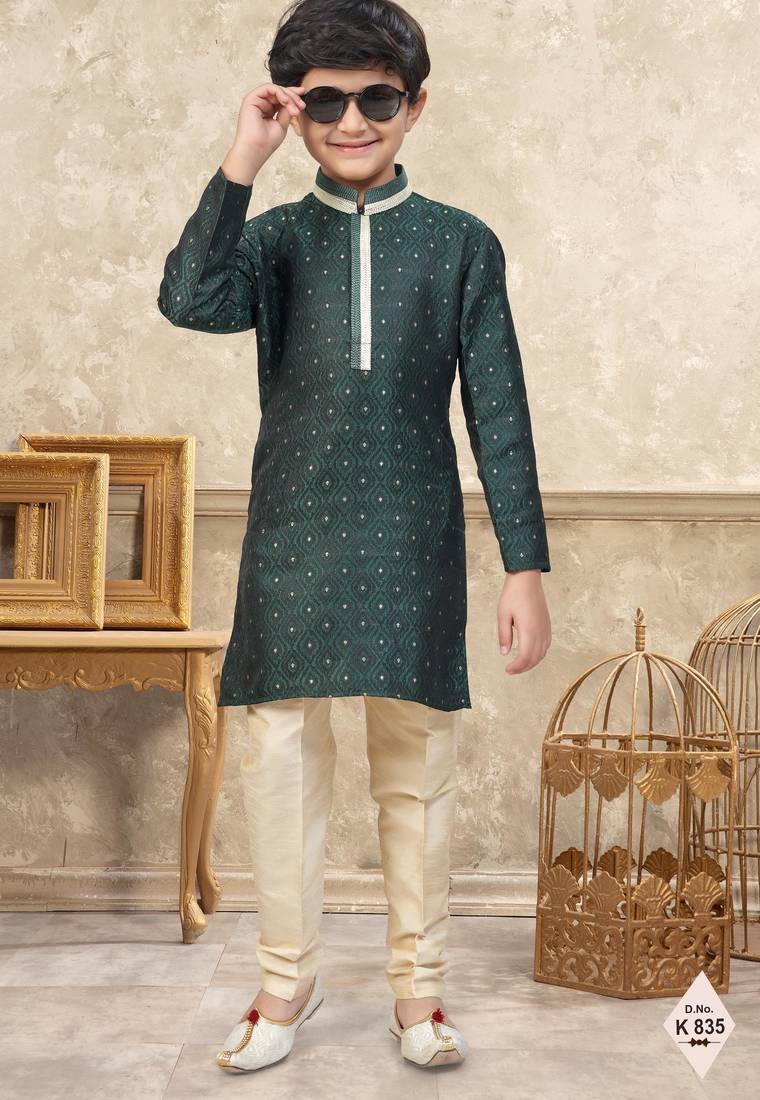 Green banarasi jacquard woven kurta pajama for boys