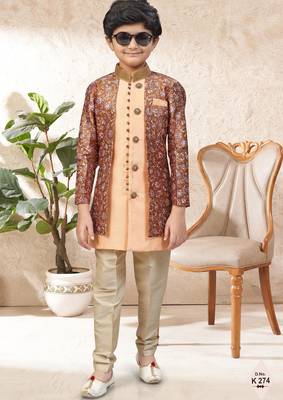 Peach    dupion silk embroidered indo western set for boys 1