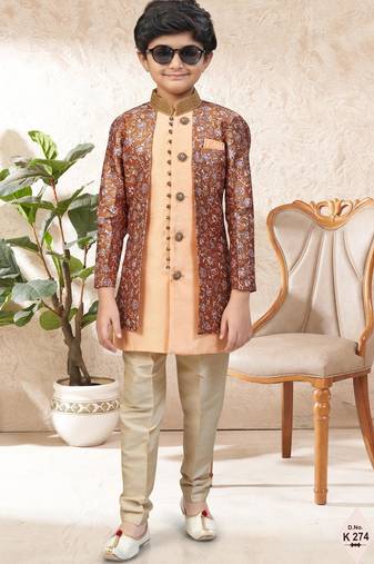 Peach    dupion silk embroidered indo western set for boys