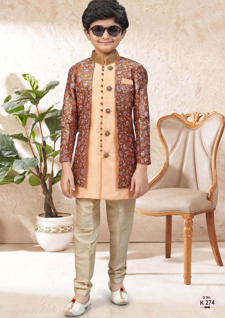 Peach    dupion silk embroidered indo western set for boys