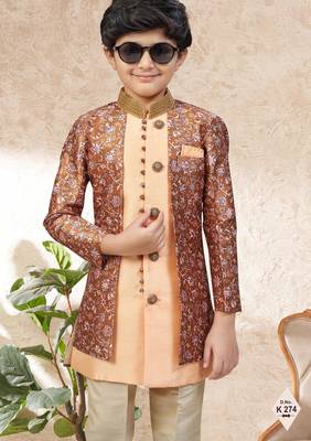 Peach    dupion silk embroidered indo western set for boys 2