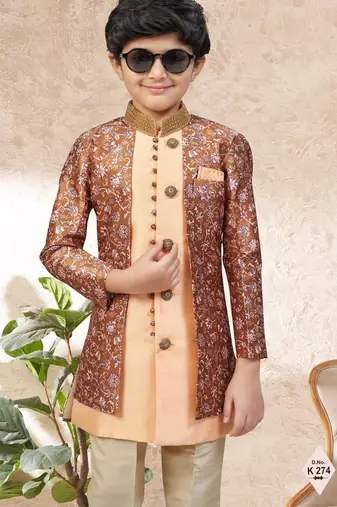 Peach    dupion silk embroidered indo western set for boys