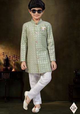 Green dupion silk embroidered indo western set for boys 1