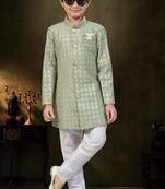 Green dupion silk embroidered indo western set for boys