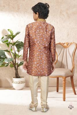 Peach    dupion silk embroidered indo western set for boys 3