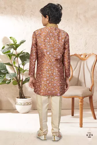 Peach    dupion silk embroidered indo western set for boys