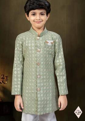 Green dupion silk embroidered indo western set for boys 2
