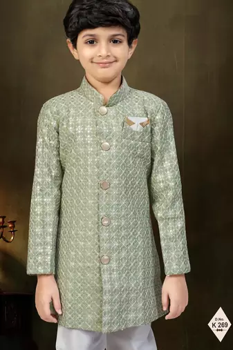 Green dupion silk embroidered indo western set for boys