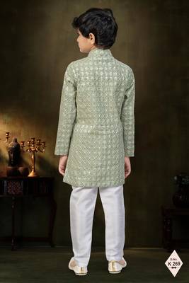Green dupion silk embroidered indo western set for boys 3